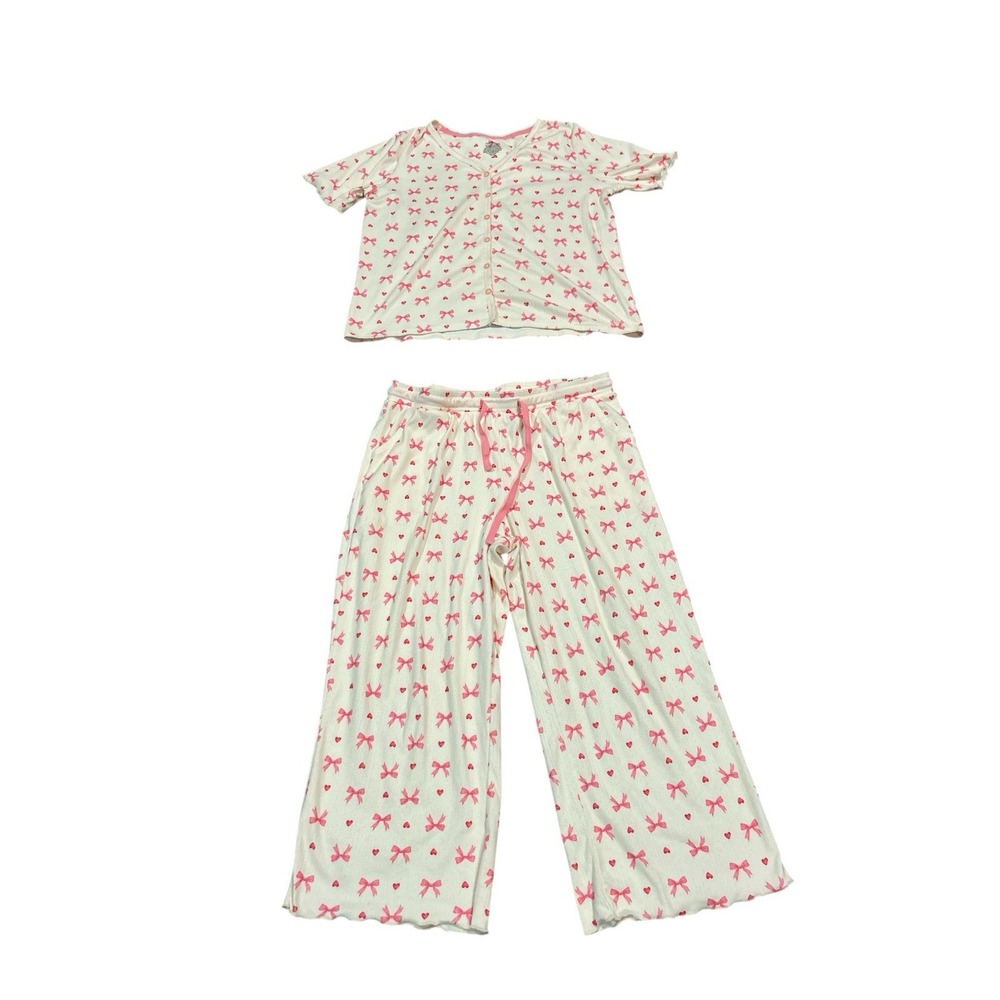 Cuddl Duds Women's Short Sleeve Crop Pant PJ Set Size Medium, White/Pink
